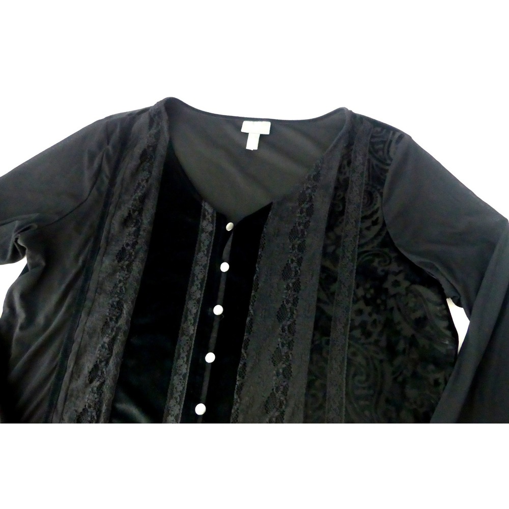 J. Jill Womens Black Velvet Lace Burnout Long Sleeve Stretch Top Large Sheer Arm - Picture 3 of 8